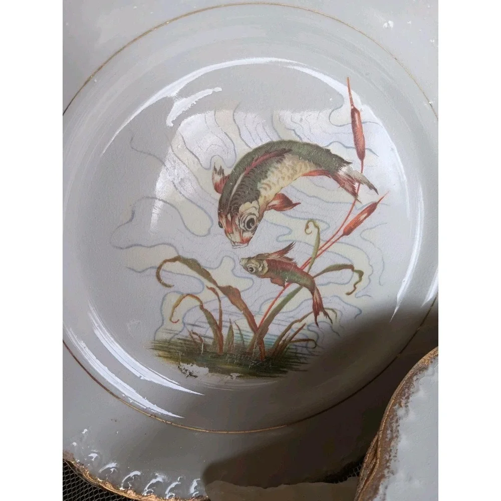 LEBEAU Porcelain Fish Plates French Antique Underwater Asian Style Scene. Set 7